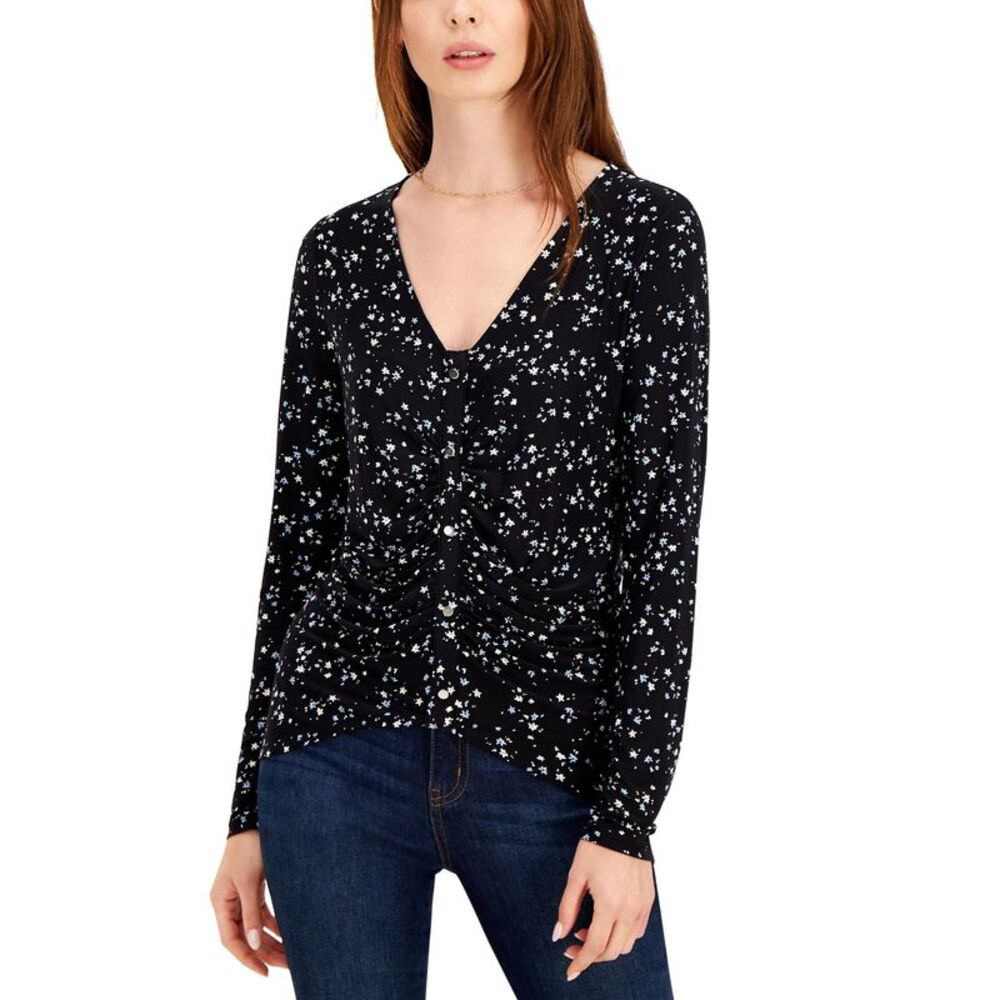 INC International Concepts Womens Ruched Button Detail Long Sleeve Top